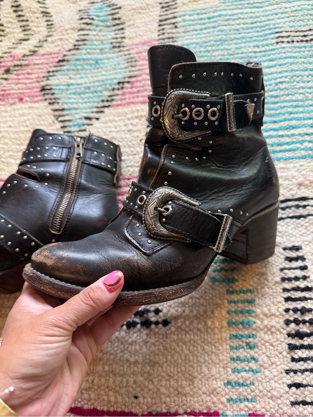 Freebird Selina Booties in Distressed Black Leather Studded w Buckle Straps